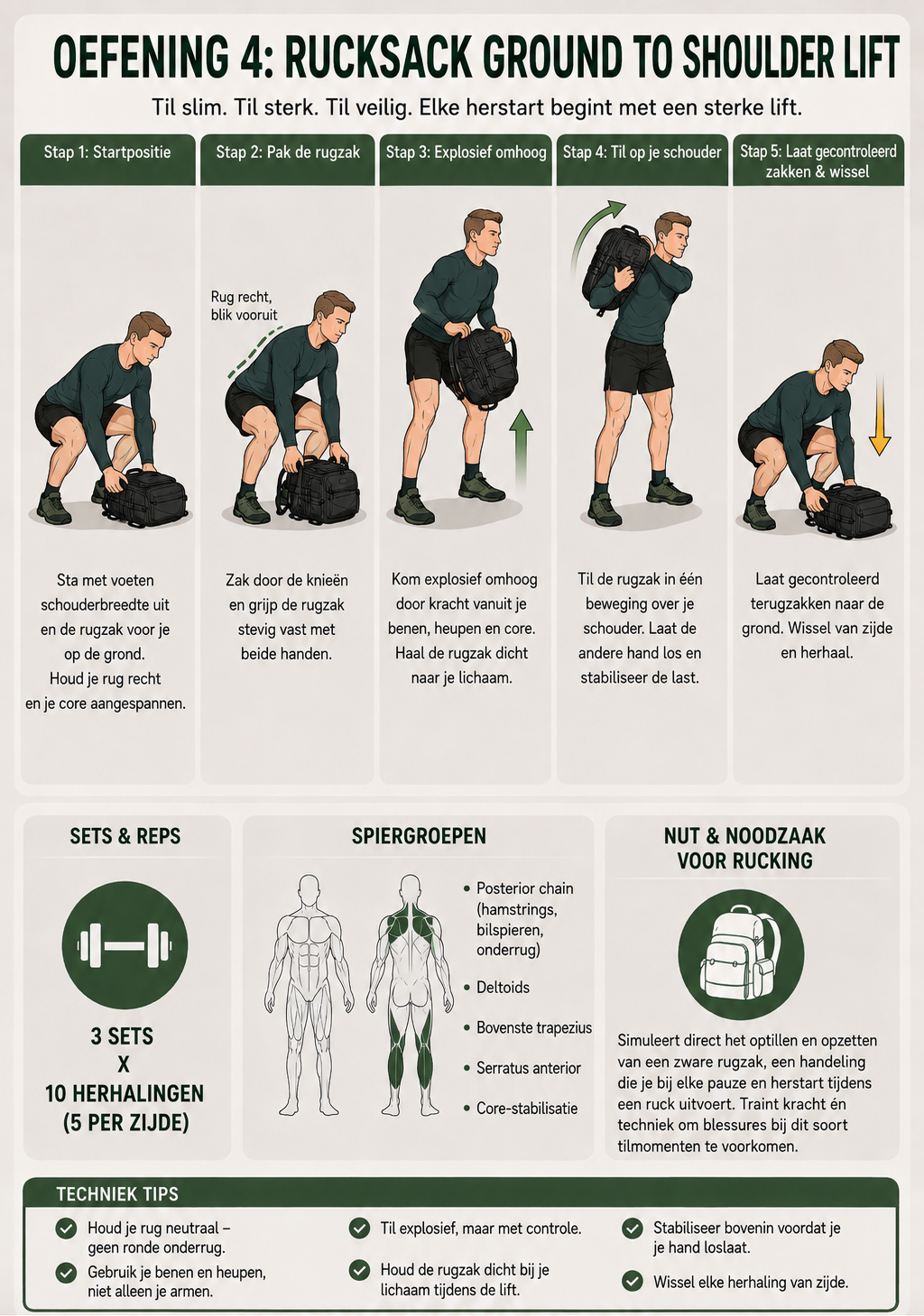 Infografic Rucksack Ground to Shoulder Lift, stap voor stap uitleg