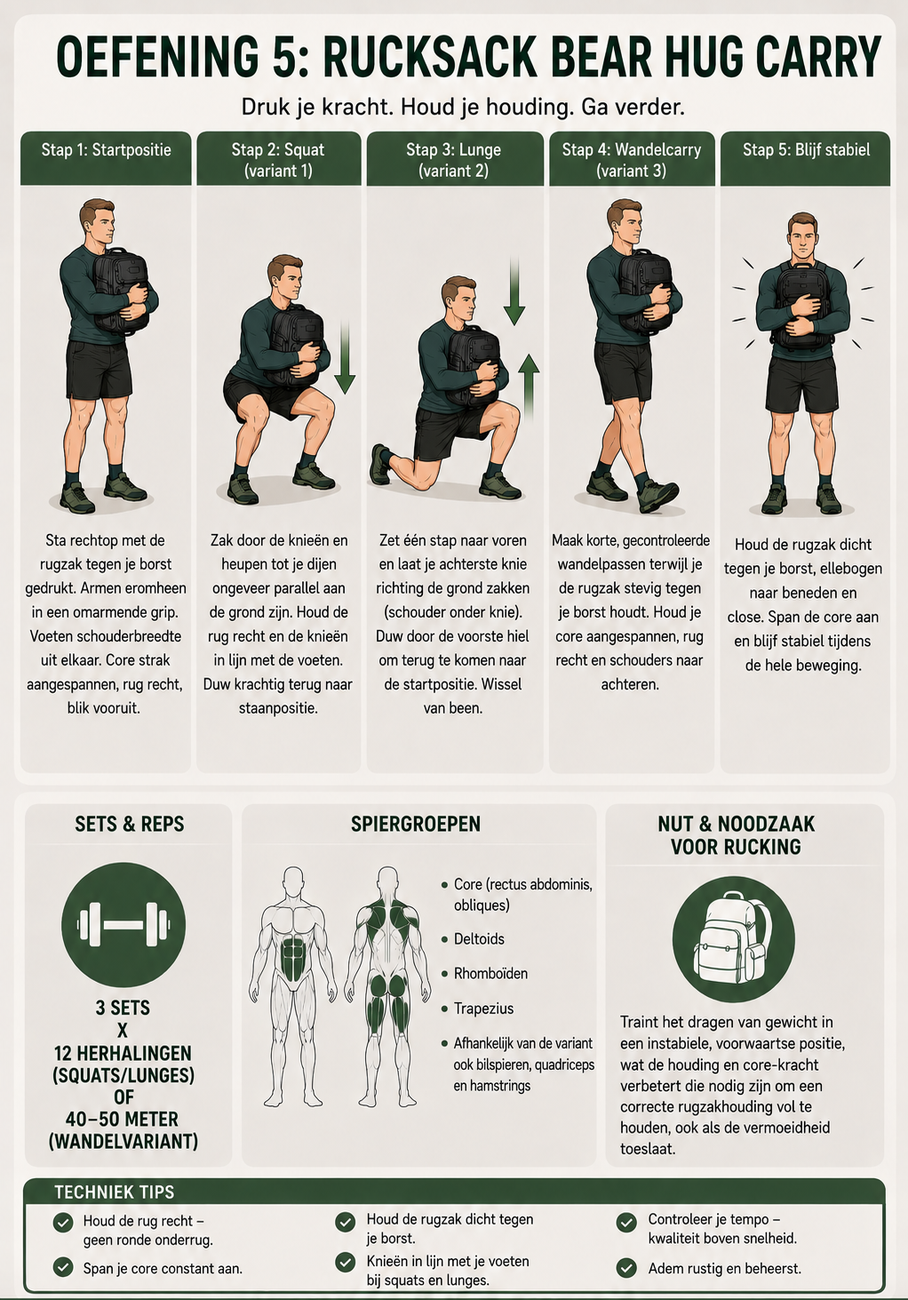 Infografic Rucksack Bear Hug Carry, stap voor stap uitleg