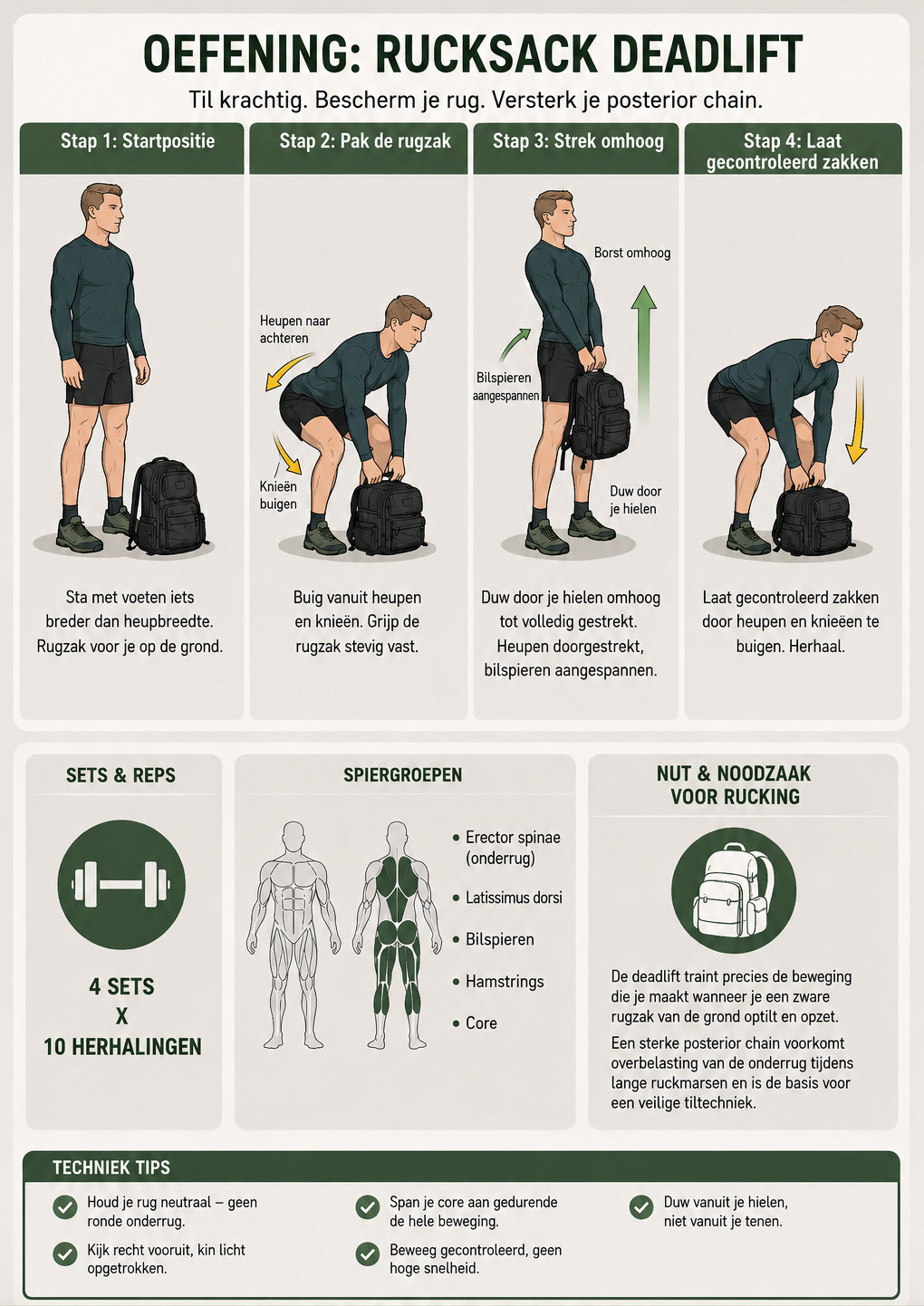 Infografic Rucksack Deadlift, stap voor stap uitleg