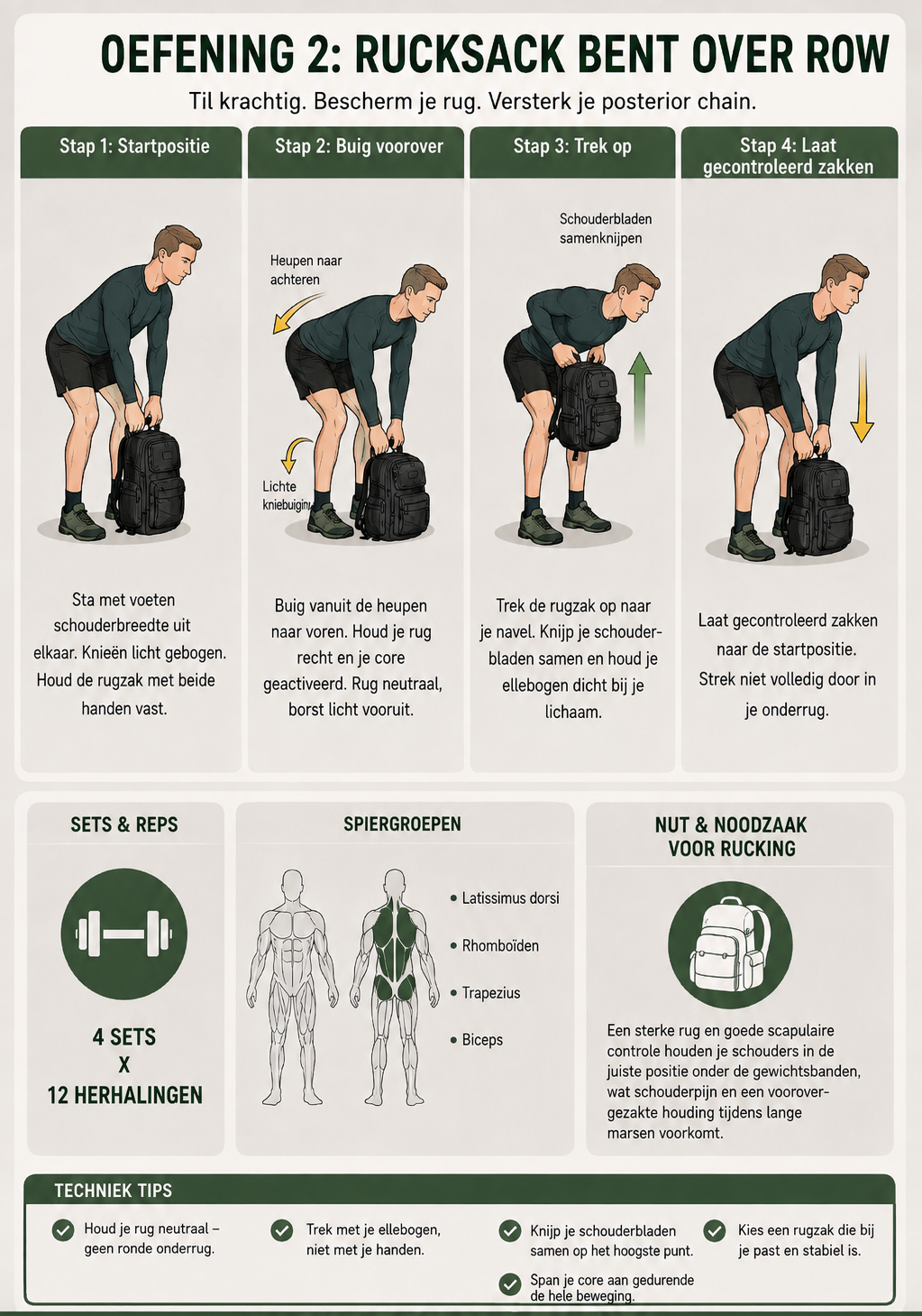 Infografic Rucksack Bent Over Row, stap voor stap uitleg